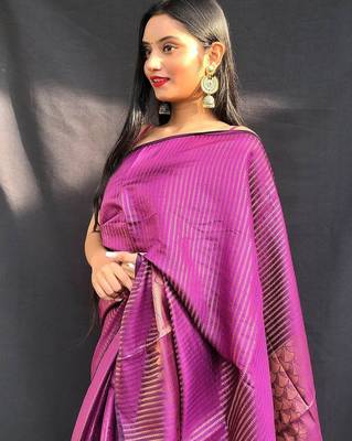 purple purple & gold-toned striped zari silk blend kanjeevaram saree 4