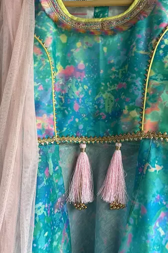Blue multicolor holi printed cotton silk kurta set