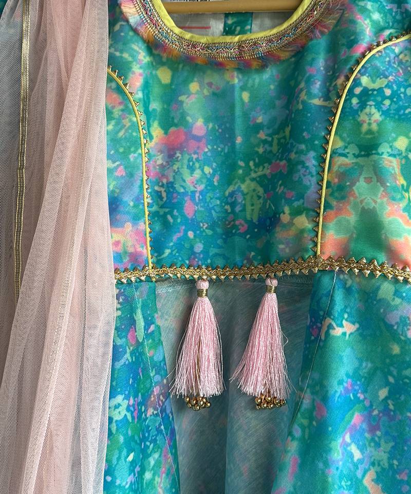 Blue multicolor holi printed cotton silk kurta set