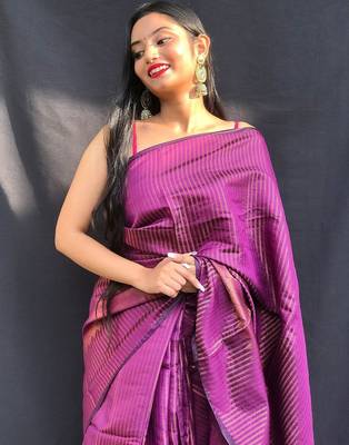 purple purple & gold-toned striped zari silk blend kanjeevaram saree 5