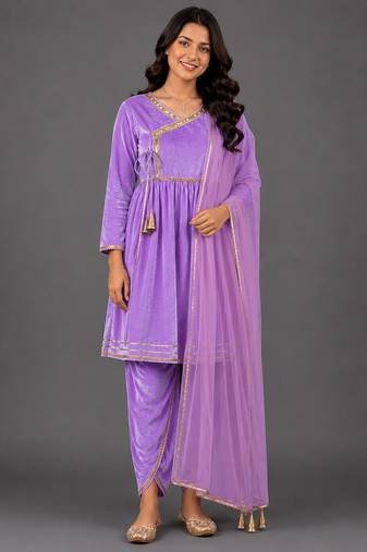 Light purple woven velvet kurta set