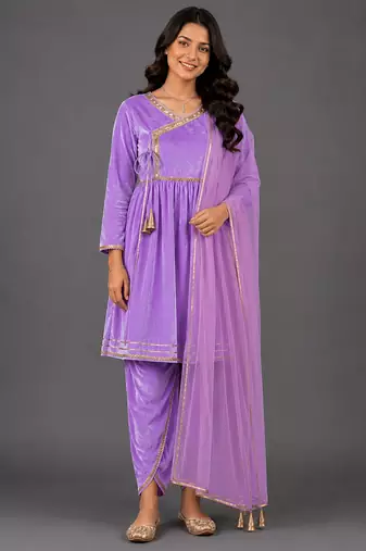 Light purple woven velvet kurta set