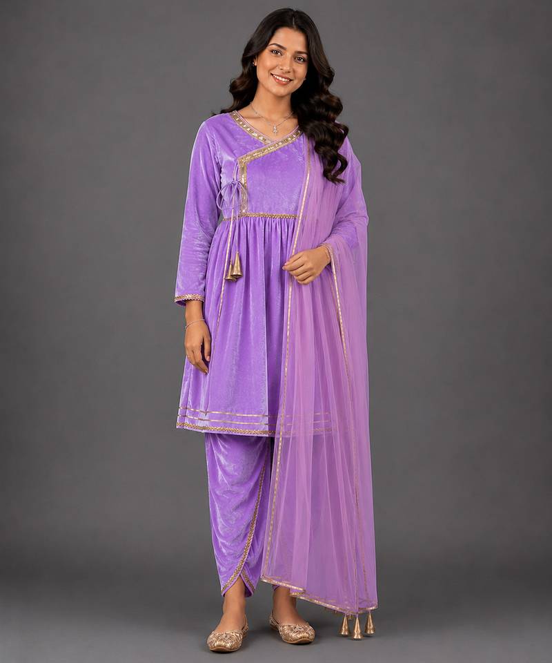 Light purple woven velvet kurta set