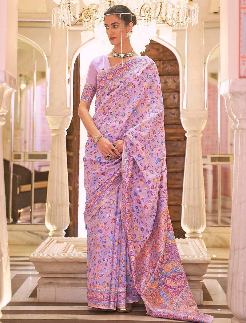 lavender lavender & blue floral silk blend banarasi saree