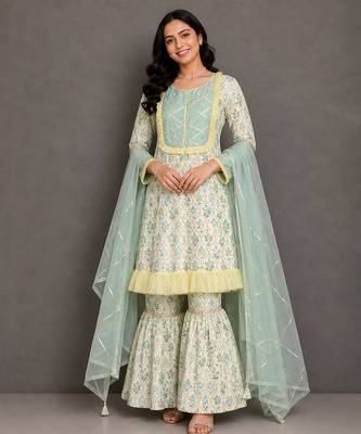 Pastal green and off white printed cotton silk sharara set 1