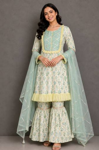 Pastal green and off white printed cotton silk sharara set