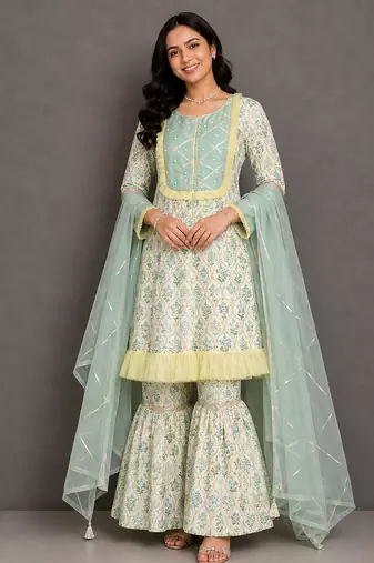 Pastal green and off white printed cotton silk sharara set