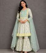 Pastal green and off white printed cotton silk sharara set