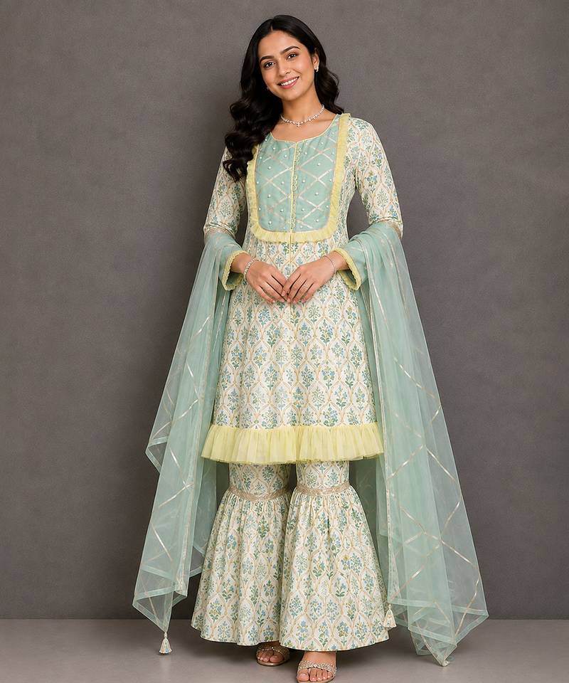 Pastal green and off white printed cotton silk sharara set