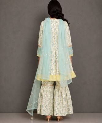 Pastal green and off white printed cotton silk sharara set 2