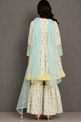 Pastal green and off white printed cotton silk sharara set