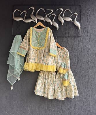Pastal green and off white printed cotton silk sharara set 3