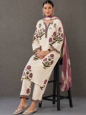 smart women floral printed regular thread work cotton kurta with trousers & with dupatta 1