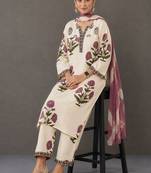 smart women floral printed regular thread work cotton kurta with trousers & with dupatta