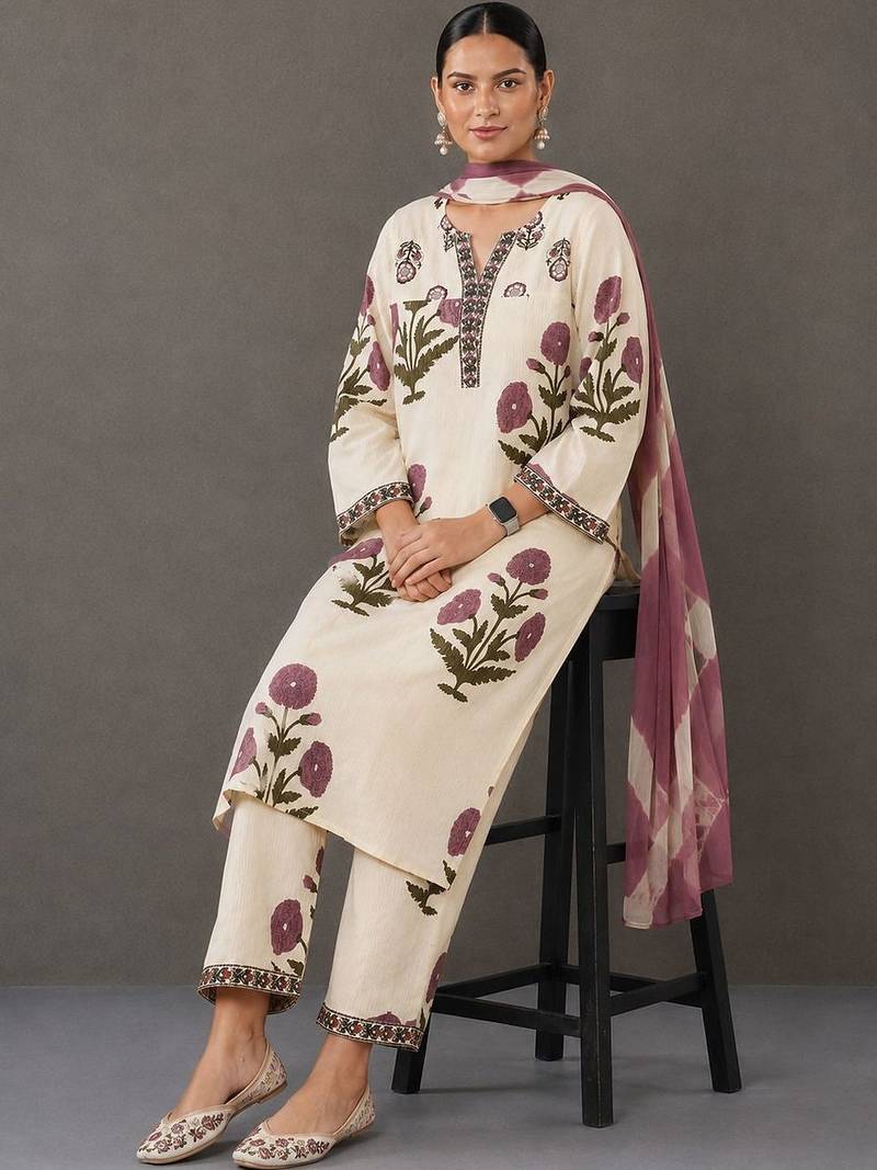 smart women floral printed regular thread work cotton kurta with trousers & with dupatta