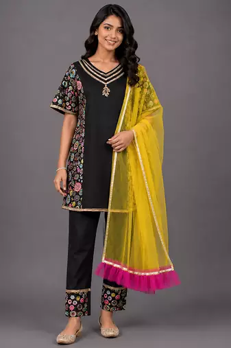Black and yellow embroidered cotton silk kurta set