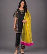 Black and yellow embroidered cotton silk kurta set