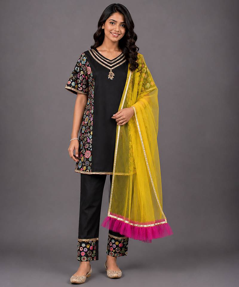 Black and yellow embroidered cotton silk kurta set