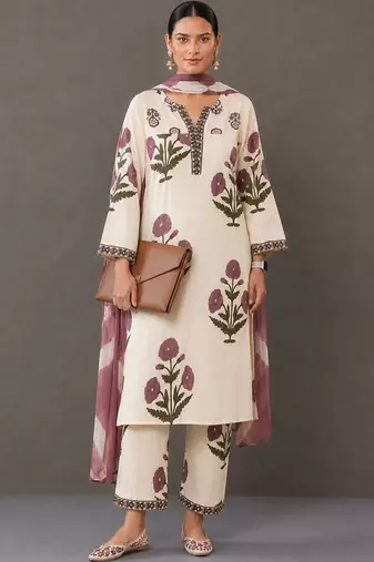 smart women floral printed regular thread work cotton kurta with trousers & with dupatta