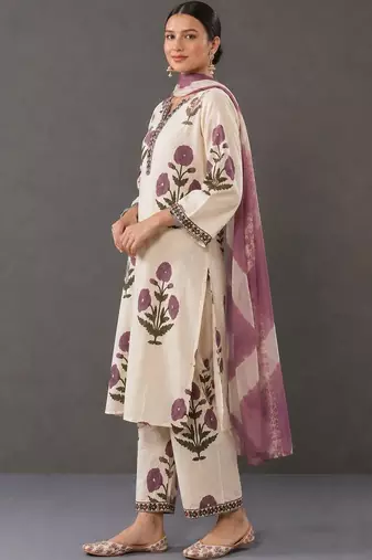 smart women floral printed regular thread work cotton kurta with trousers & with dupatta