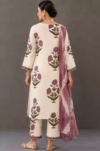 smart women floral printed regular thread work cotton kurta with trousers & with dupatta