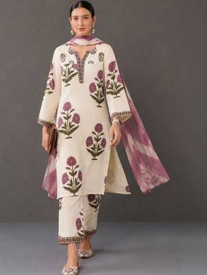 smart women floral printed regular thread work cotton kurta with trousers & with dupatta 7