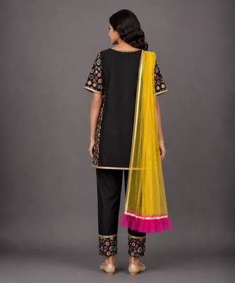 Black and yellow embroidered cotton silk kurta set 2
