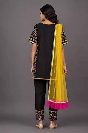 Black and yellow embroidered cotton silk kurta set