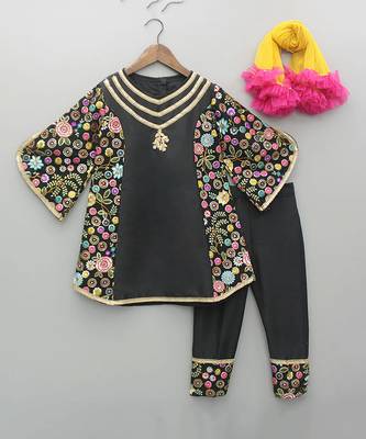 Black and yellow embroidered cotton silk kurta set 3