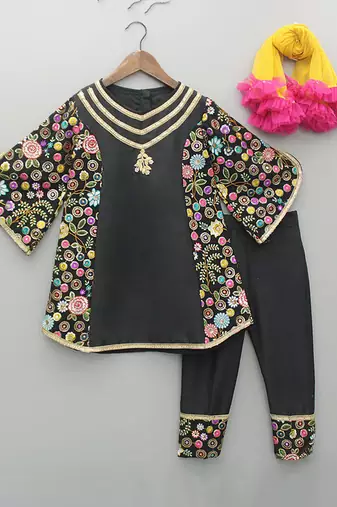 Black and yellow embroidered cotton silk kurta set