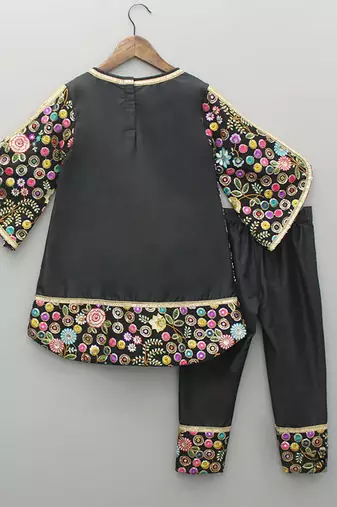 Black and yellow embroidered cotton silk kurta set