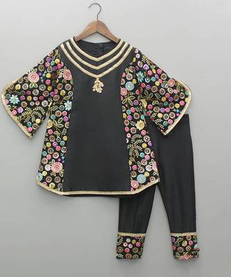 Black and yellow embroidered cotton silk kurta set 5