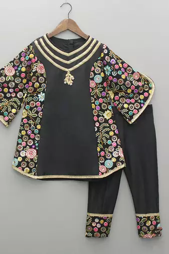Black and yellow embroidered cotton silk kurta set