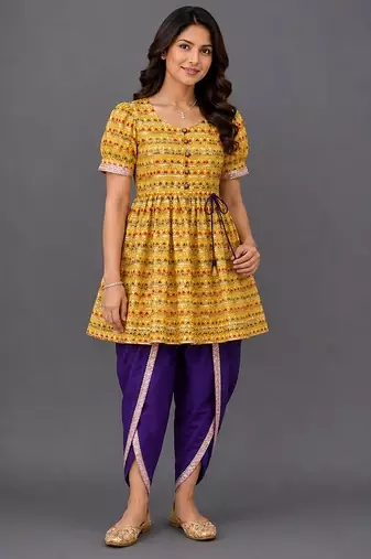 Yellow and purple embroidered cotton silk kurta dhoti set