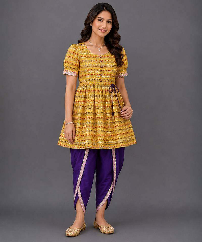 Yellow and purple embroidered cotton silk kurta dhoti set