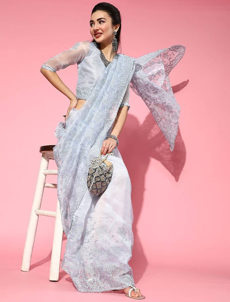 grey floral saree with embroidered border