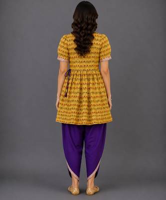 Yellow and purple embroidered cotton silk kurta dhoti set 2