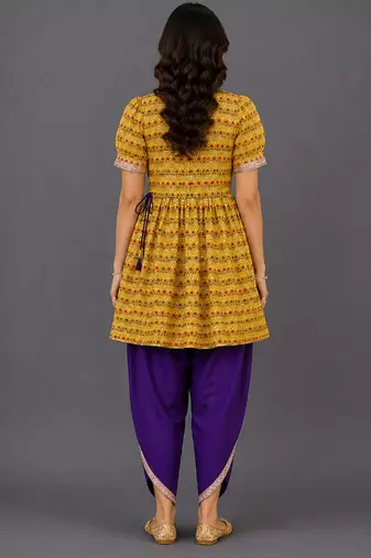 Yellow and purple embroidered cotton silk kurta dhoti set