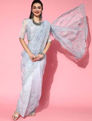 grey floral saree with embroidered border 2
