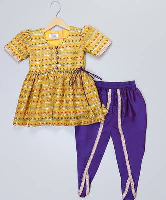 Yellow and purple embroidered cotton silk kurta dhoti set 4