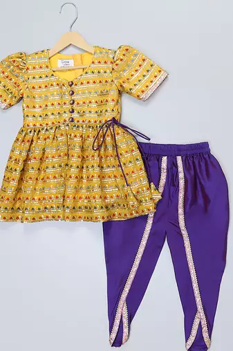 Yellow and purple embroidered cotton silk kurta dhoti set