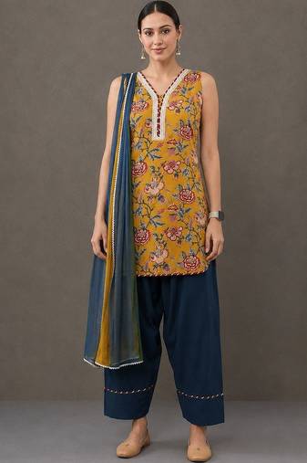 structured women floral printed regular cotton kurta with palazzos & with dupatta