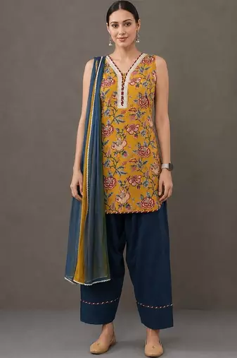 structured women floral printed regular cotton kurta with palazzos & with dupatta