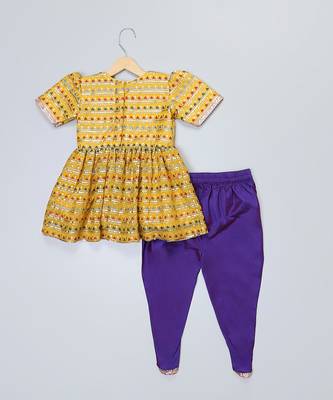 Yellow and purple embroidered cotton silk kurta dhoti set 5