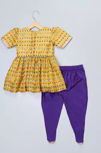 Yellow and purple embroidered cotton silk kurta dhoti set