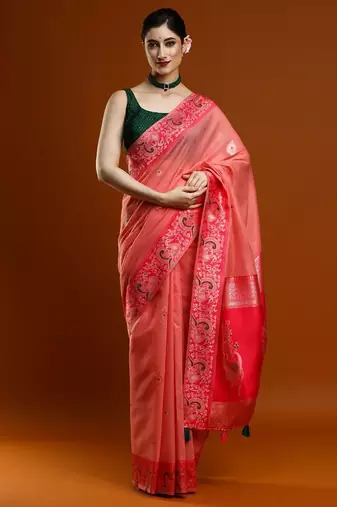 pink woven design zari banarasi saree