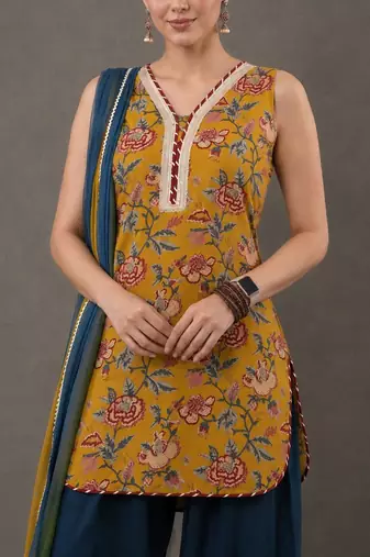 structured women floral printed regular cotton kurta with palazzos & with dupatta