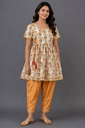 Off white and orange printed cotton silk kurta set