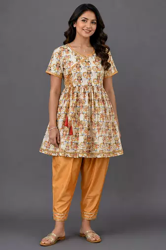 Off white and orange printed cotton silk kurta set