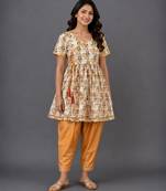 Off white and orange printed cotton silk kurta set